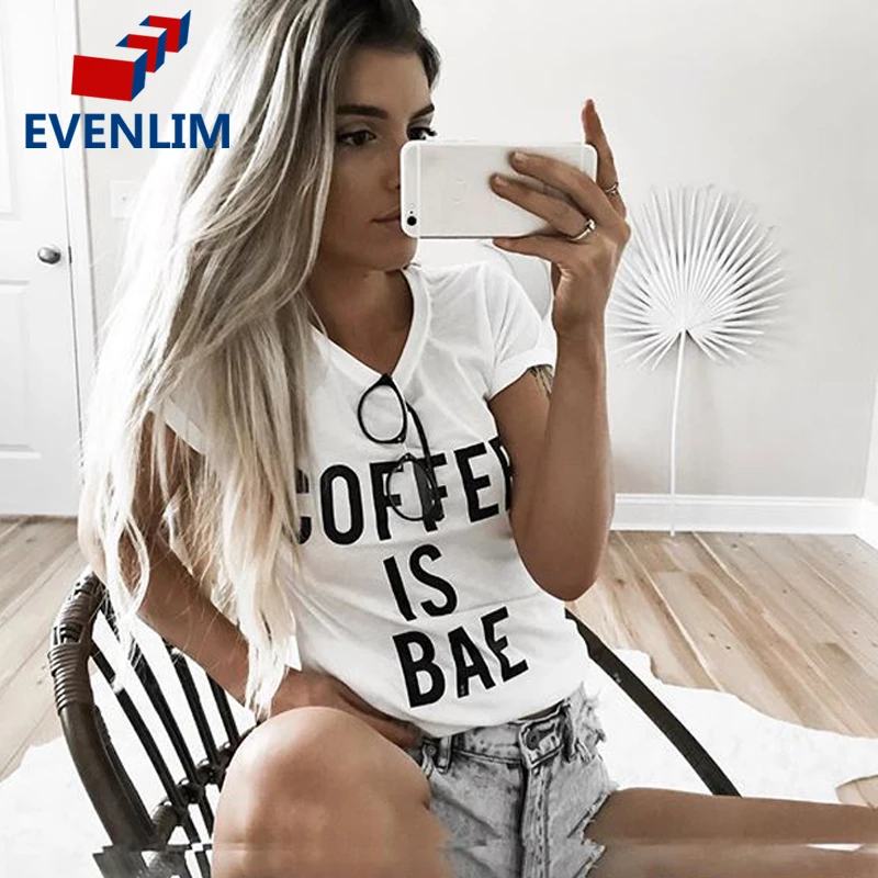 Evenlim Мода футболка с печатными буквами Для женщин тонкий черный короткими
