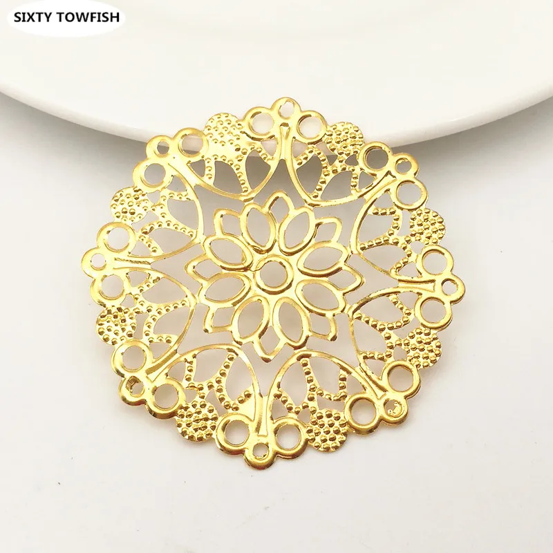 Фото 10 Pieces/lot 35/48mm 3 Colors Metal Filigree Circle Flower Slice Charms base Setting Jewelry DIY Components Findings №1