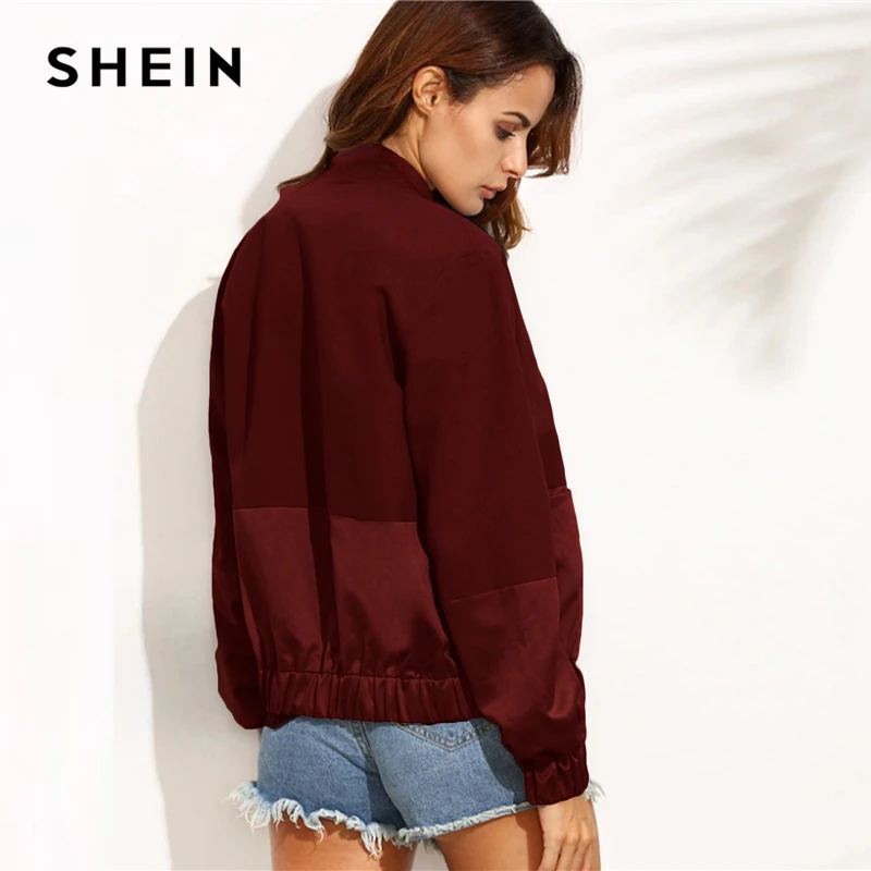 SHEIN Контрастная Куртка- Бомбер Женская Повседневная Стильная Куртка На Молнии С Карманами И Стоячим Воротником