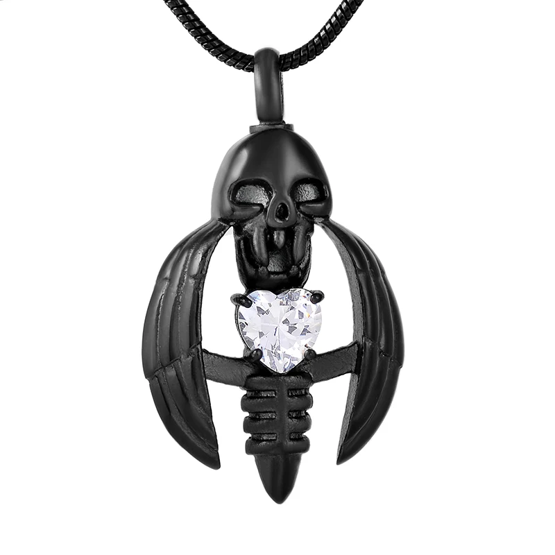 

IJD9793 Hold Crsytal Wing & Skeleton Stainless Steel Memorial Urn Necklace For Ashes - Mens Keepsake Cremation Jewelry Pendant