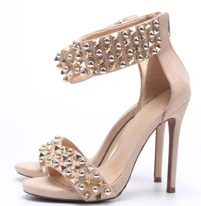 

Carole Levy New Fashion Rivets Studded High Heel Sandal 2019 Open Toe Ankle Strap Shoes Cutouts Thin Heels Gladiator Sandals