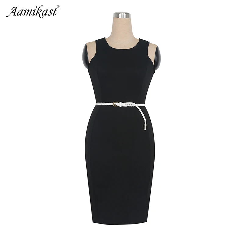 

Aamikast 2019 Womens Elegant Sleeveless Belted Wear To Work Office Business Party Casual Summer Bodycon Slim Fitted Pencil Dress