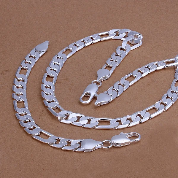 

Selling high-quality European style retro for Men 12MM Figaro chain fashion Silver color necklace bracelets jewelry Set S086