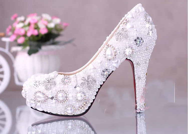 

10cm Super High Heel White Wedding Dress Shoes Luxurious Elegant Wedding Bridal Shoes with Imitation Pearl Party Prom Shoes