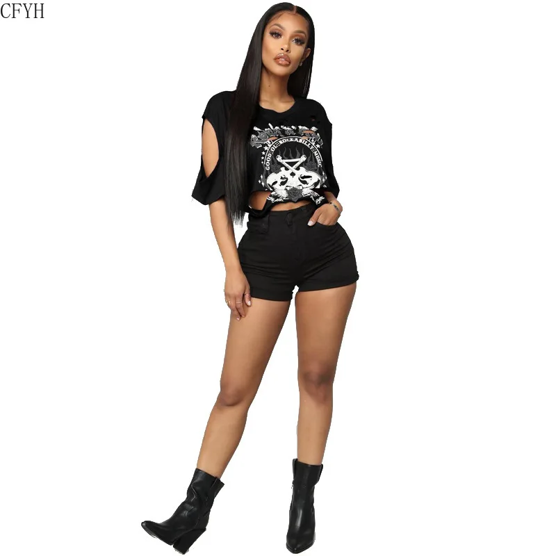 

Floral Letter Print Short T Shirt Women Crop Top Holes T Shirt Casual Short Tees Ladies Red Black Cute Streetwear Tops Camisetas