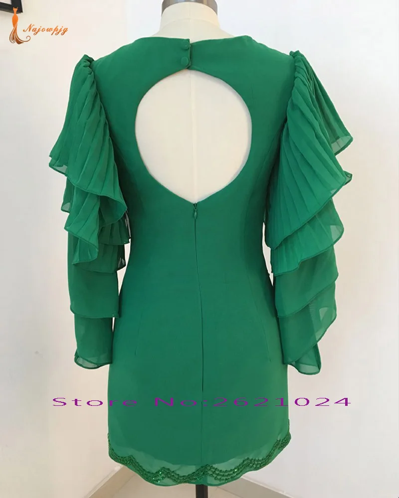 Hire Lnyer Custom Fit Open Back Pleat Long Sleeve Shiny Beading Sequins Green Chiffon Cocktail Party Dress vestidos de coctel | Свадьбы и
