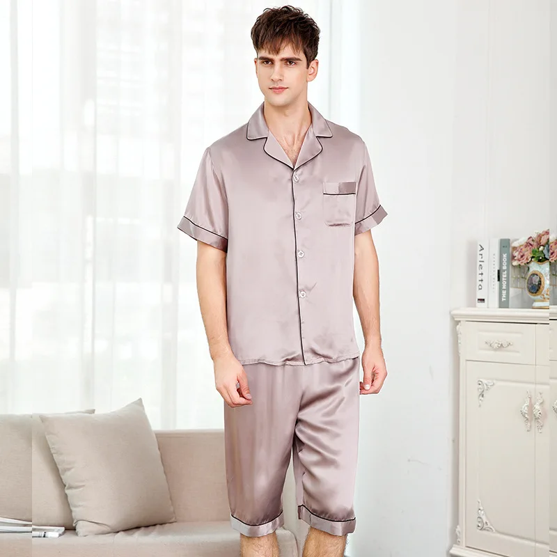 Man's Genuine Silk Pajamas Summer Short Sleeve Sleepwear Male 100% Silkworm Silk Pyjama Sets Solid Color T9004