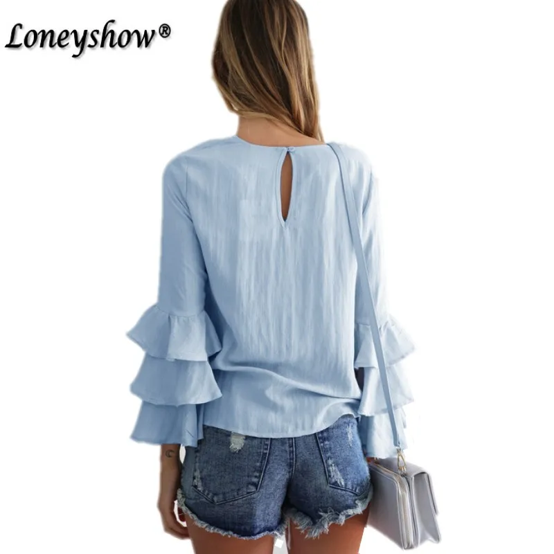 2017 Мода Оборками Блузки Женщины Весна Осень Новый Повседневная Синий Офис Леди