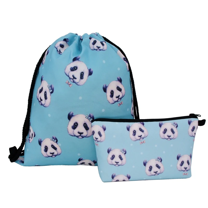

Jom Tokoy 2020 New fashion 2 PCS Heat Transfer Printing Women backpack panda Drawstring bag Set Combination