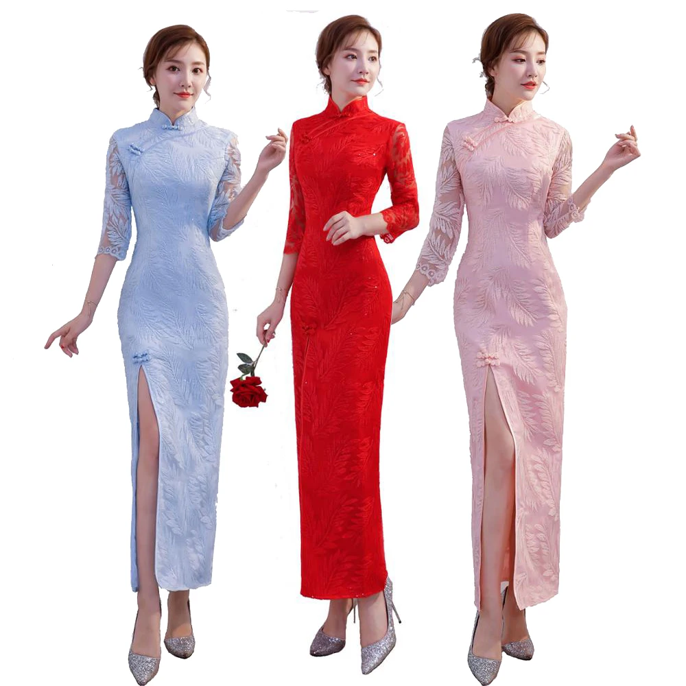 

Shanghai Story chinese traditional dress 3/4 Sleeve Long Qipao for Women Lace cheongsam dress Oriental Style Dress 3 Color