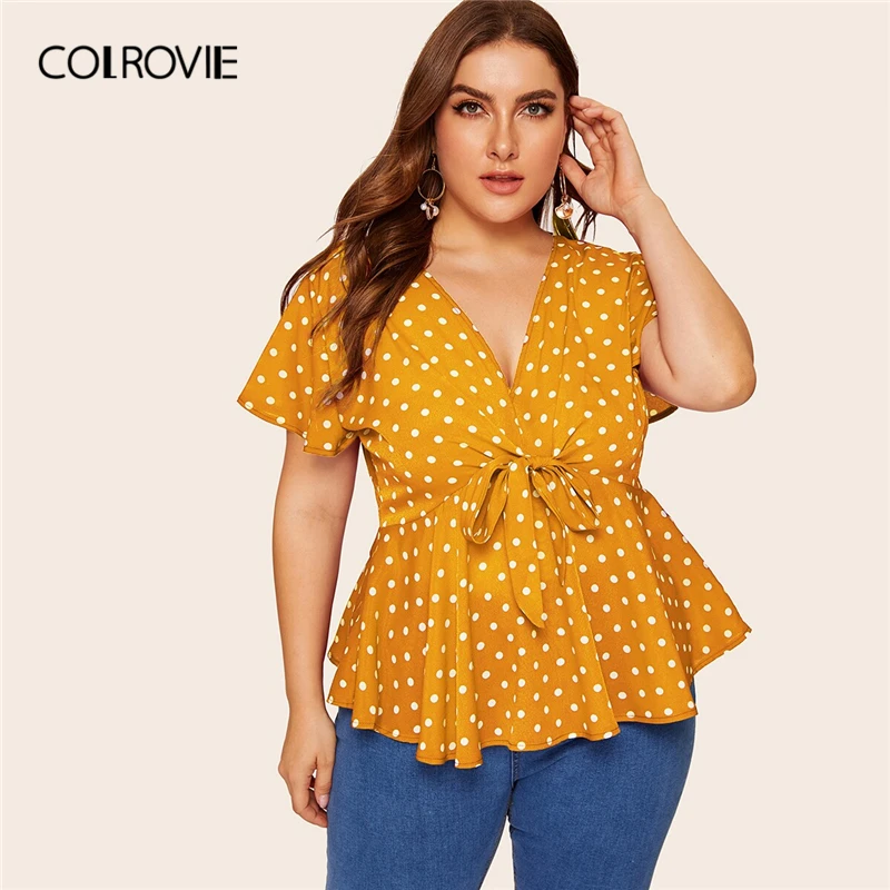 COLROVIE, женская блузка размера плюс с узлом спереди, в горошек, лето, сексуальный глубокий v-образный вырез, короткий рукав, Boho, Женские топы и блузки