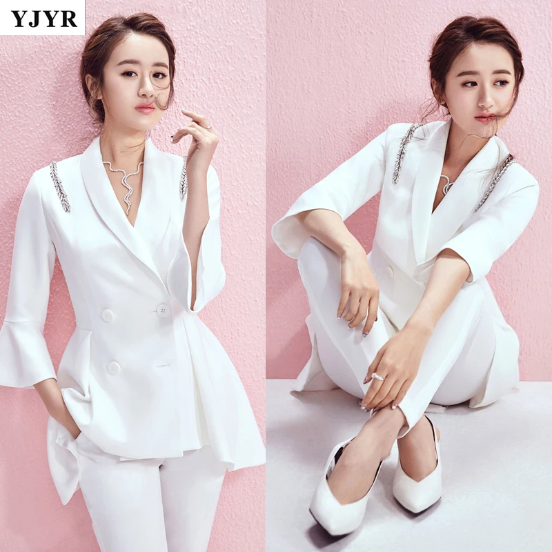 

2019 Spring Autumn Women White Pants Set OL Flare Sleeve Ruffles Rhinestone Beading Jacket Blazer + Ankle Length Pants Y248