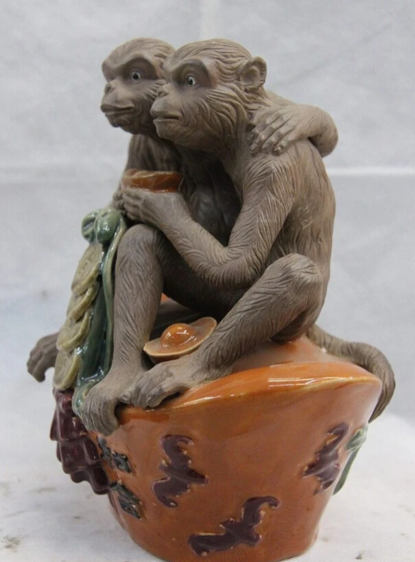 fast shipping USPS to USA S0804 China pottery WuCai Porcelain Blessing Yuan Bao Wealth Money Two Monkey Statue | Дом и сад