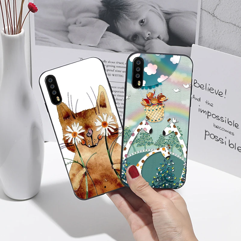 Чехол для Huawei P20 Pro с милым рисунком животного кошки черный рельефный силиконовый