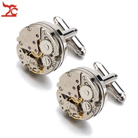 trendy watch movement cufflinks round metal immovable steapmpunk gear watch mechanism cuff lkinks for mens relojes gemelos