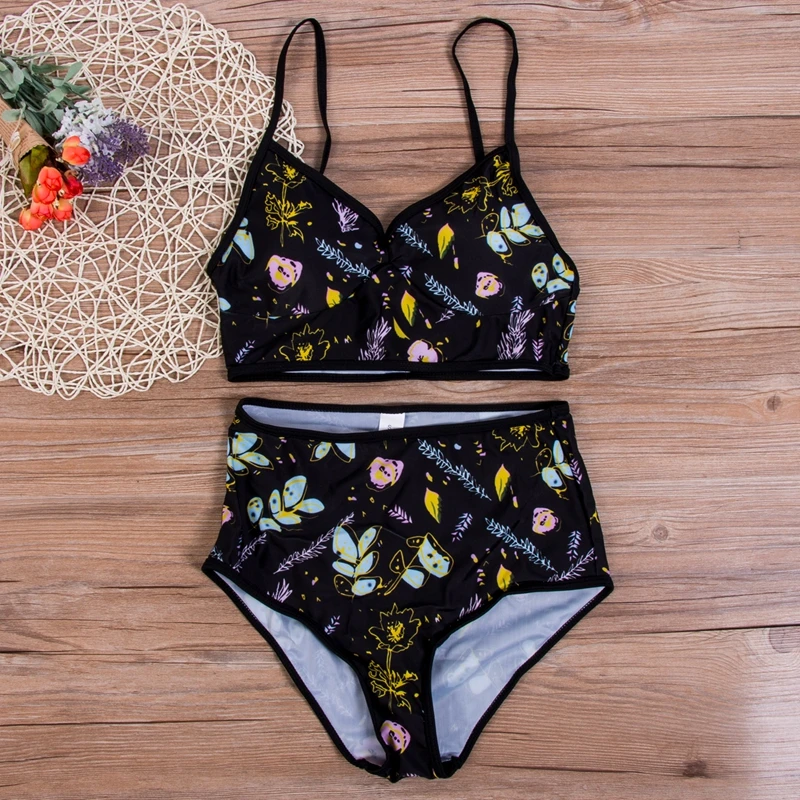 Для женщин Strappy Push Up Bra Высокая талия стринги Цветочный принт Винтаж купальники