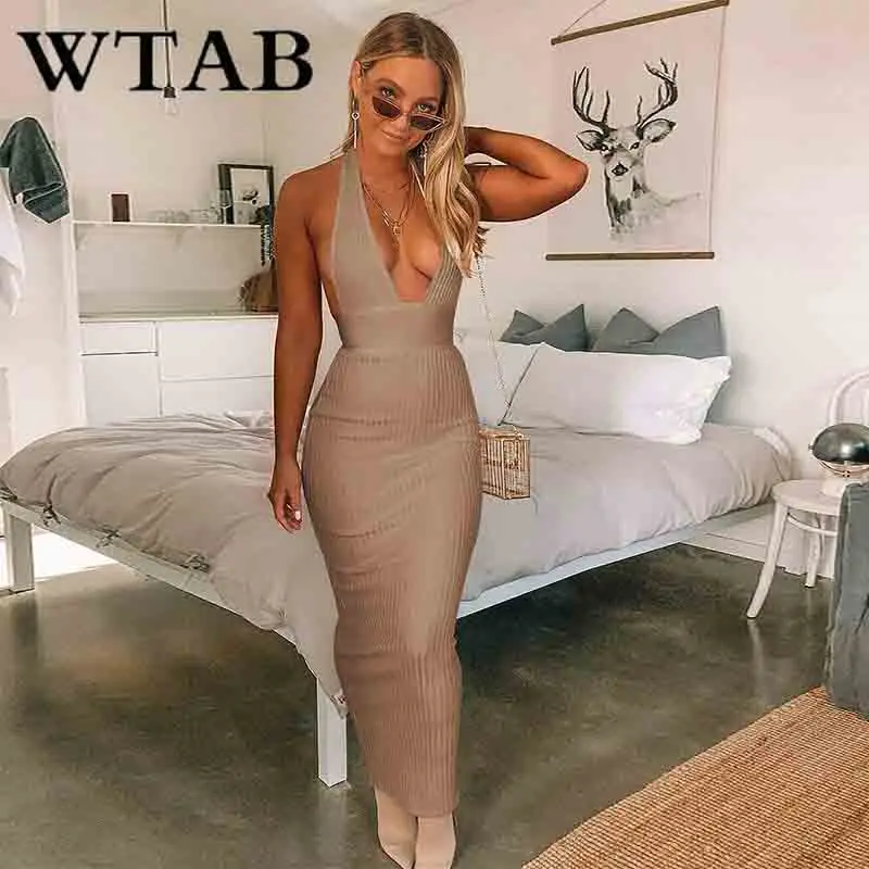 WTAB vestidos Полосатое летнее платье с лямкой на шее женское трикотажное открытой