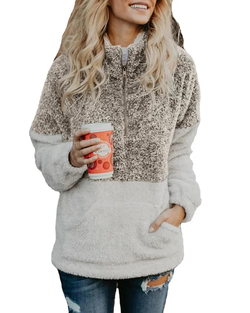 Hitmebox 2019 Autumn Winter Women's 1/4 Zipper Sherpa Knit Soft Fleece Pullover ColorBlock Sweater Outwear Coat kangaroo Pockets | Женская