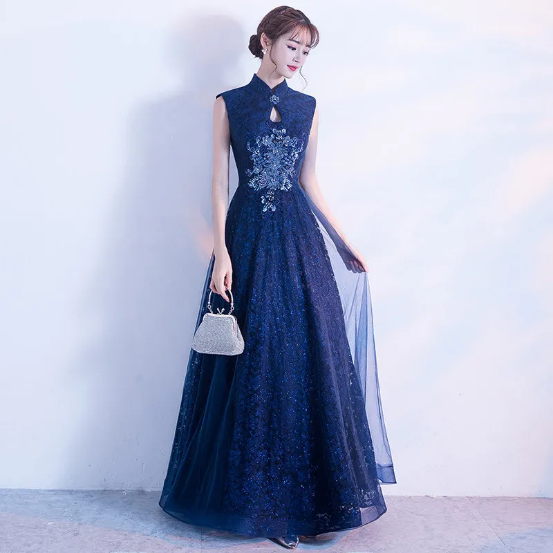 Китайское традиционное платье Qipao длинное платье-Ципао с коротким рукавом
