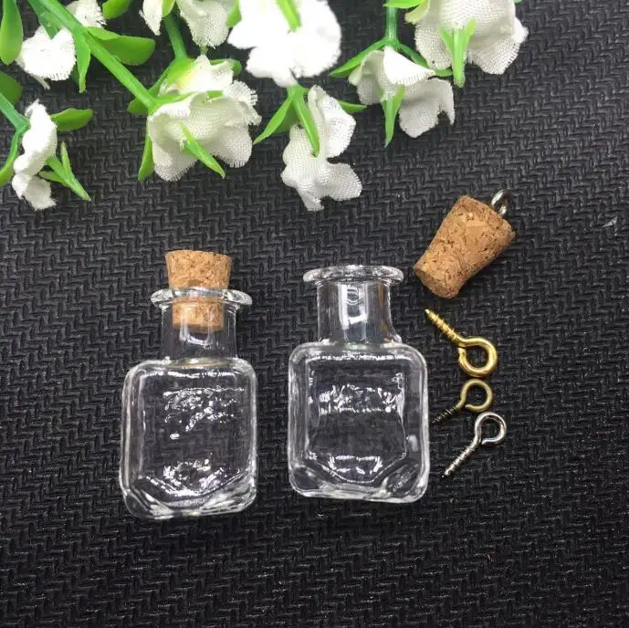 

20sets/lot square handmade diy Glass CUBE vial cork Lampwork pendant charm 2ml box tiny Perfume essential oil Bottle Findings