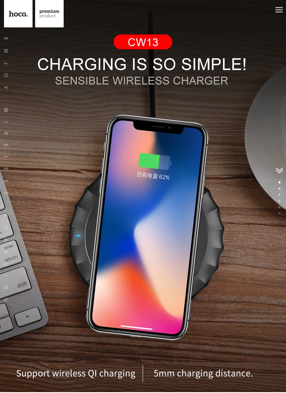 Беспроводное зарядное устройство HOCO Qi Беспроводной Зарядное устройство для iPhone X/XS Max XR 8 плюс настольное заряд Беспроводной зарядного устройства для samsung S8 S9/S9+ Note 9