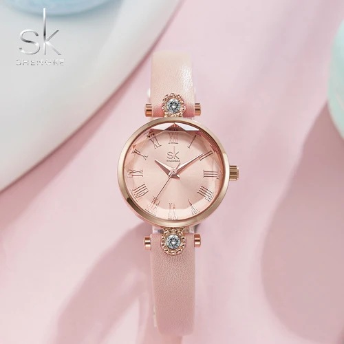 pink Shengke роскошные женские часы, кварцевые часы с кожаным ремешком, Кристальный циферблат, украшение, водонепроницаемые женские наручные часы, Relogio Feminino - Цвет: pink