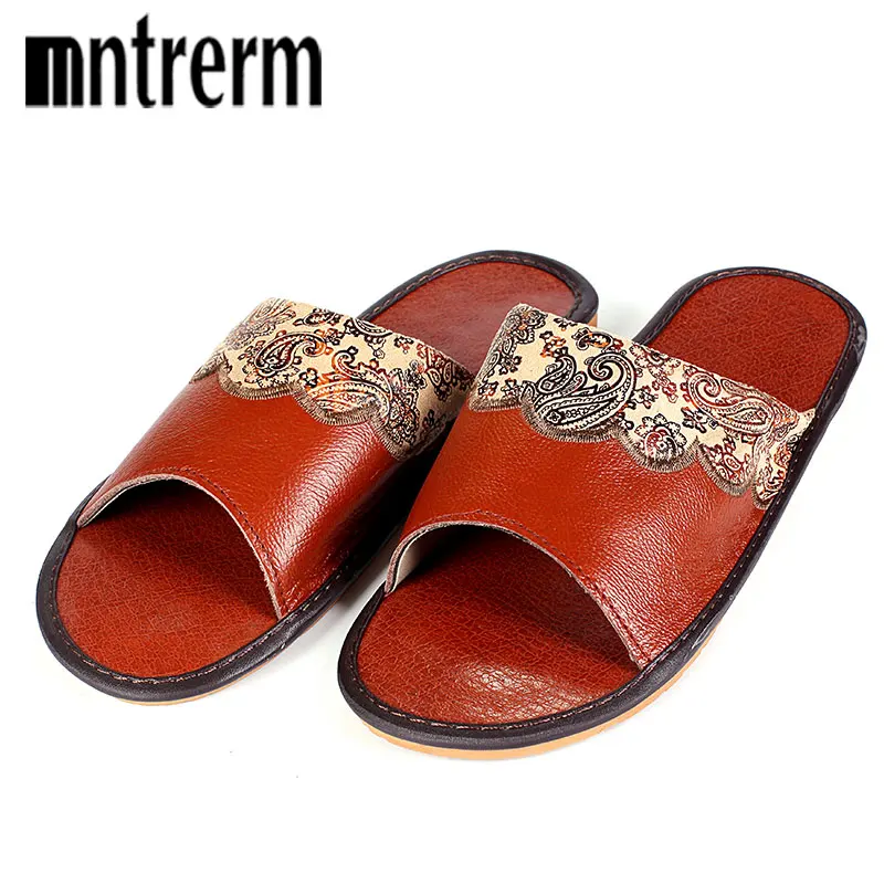 

Mntrerm High Quality Summer Home Slippers Couples Genuine Cow Leather Leisure Lamb Wool Cow Muscle Men Indoor Floor Slippers