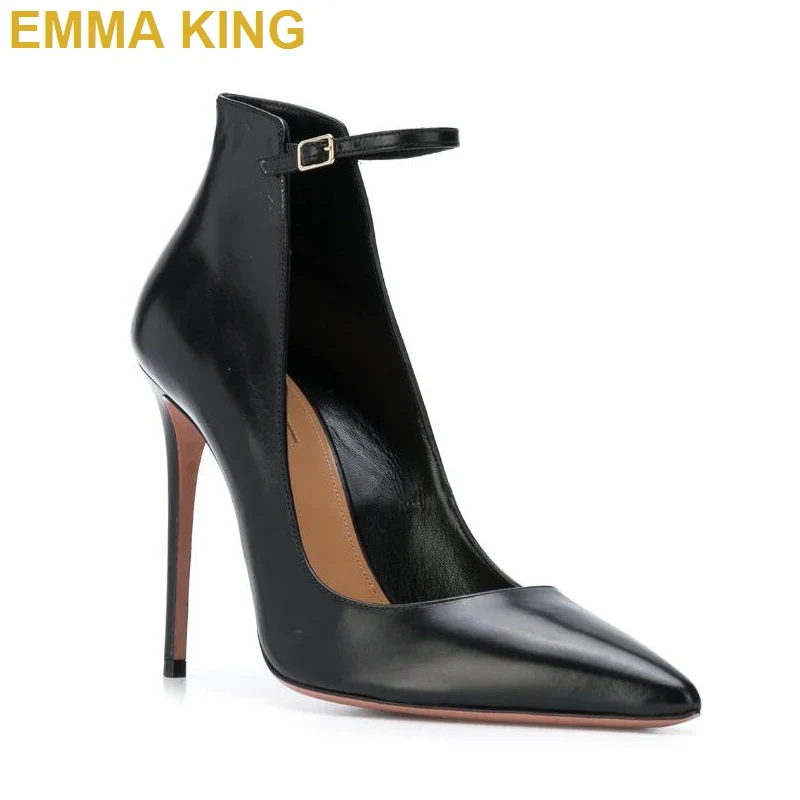 

EMMA KING Sexy Black Leather Pumps Women High Heels Shoes Ankle Strap Pointed Toe Ladies Shallow Shoes Thin Heels Plus Size 2019