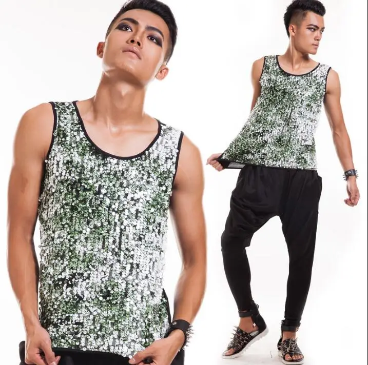 Мужской приталенный жилет без рукавов сине серый Стильный с блестками в стиле