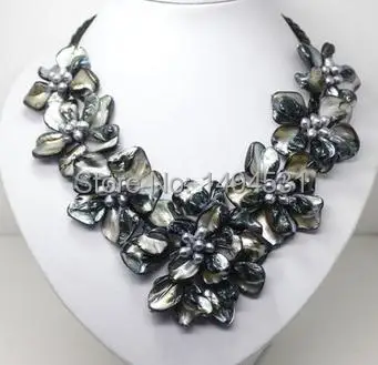 

New Arriver Black Color Baroque Mop Freshwater Pearl Shell Flower Leather Necklace Chirstmas Gift Jewelry Free Shipping
