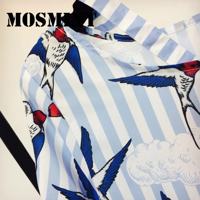 MOSMINT Swallow Birds Ruffles Flare Sleeve Stripes Short Dress Women 2017 Autumn Vintage Fashion Loose Mini Female Tops | Женская одежда