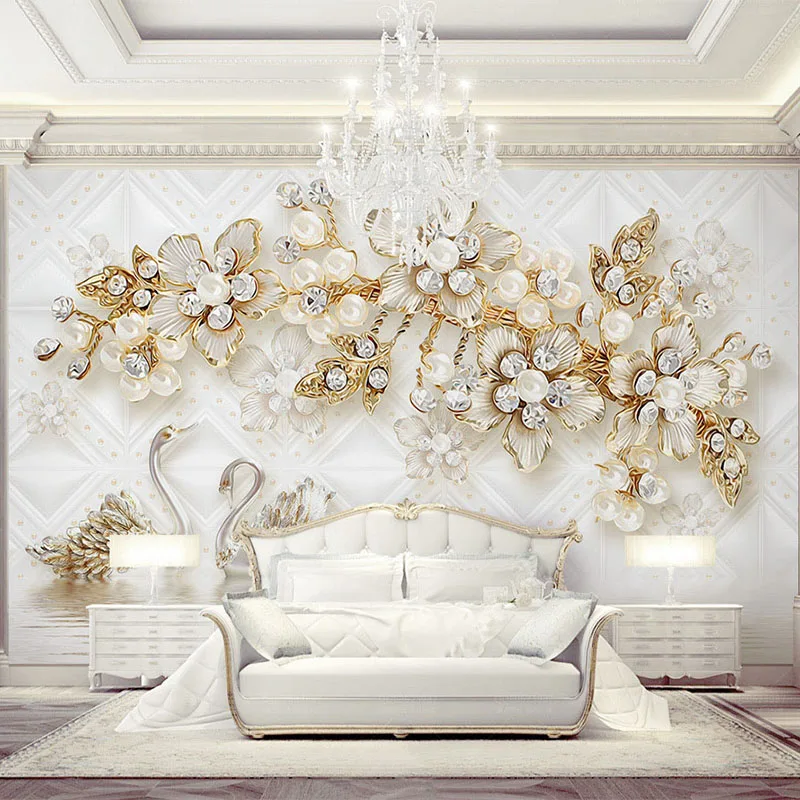 Настенные 3d обои в европейском стиле с изображением лебедя и цветов|fresco style|mural