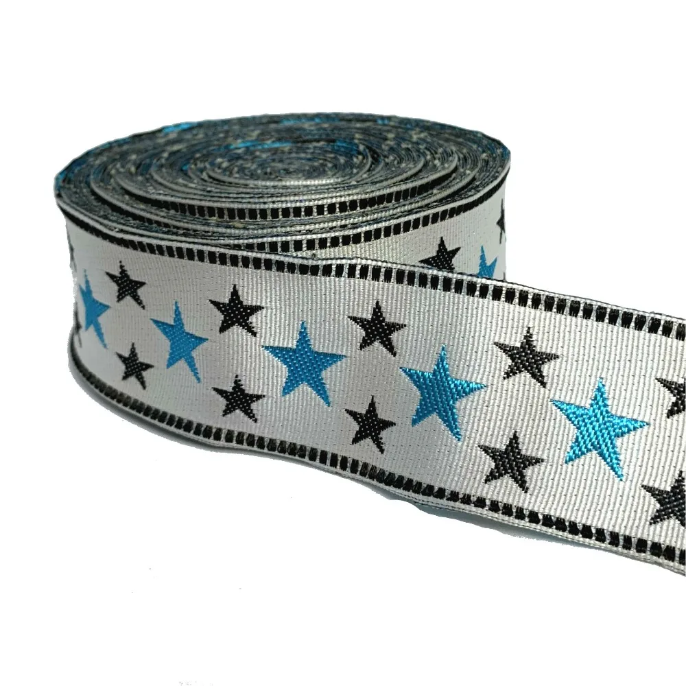 

ZERZEEMOOY 34MM 10YARD/LOTS DIY Handmade Accessories Blue Pentagram Woven Jacquard Ribbon MZZD19032707