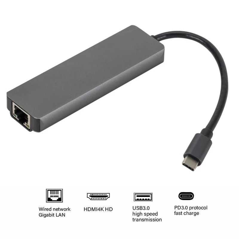 

USB-концентратор 5 в 1, USB Type-C, HDMI, Rj45