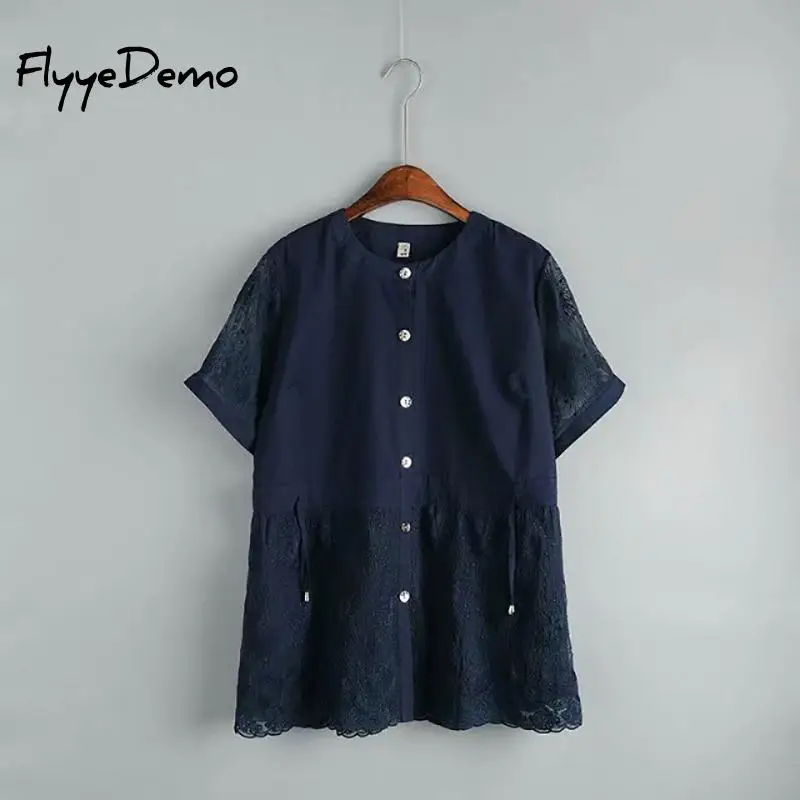 4XL Плюс Размер кружевная Лоскутная рубашка женские топы блузки с коротким