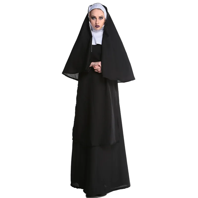 

Women Maria Priest Halloween Masquerade Cosplay Jesus Costume Woman Man Adult Black Nun Robes