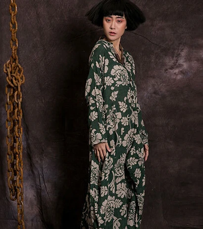 Печать хлопок белье длинное платье с длинным рукавом v образным вырезом нация