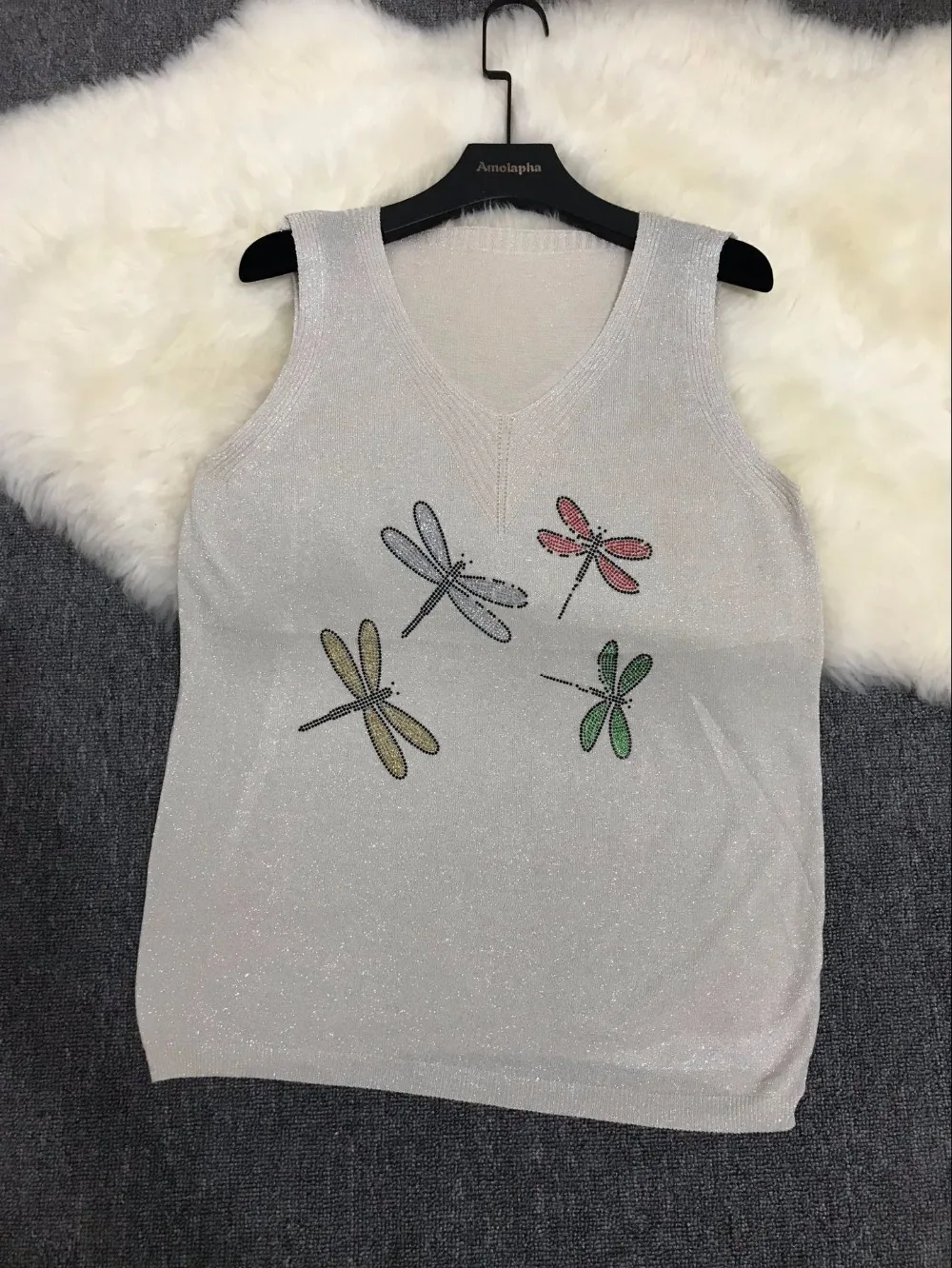 Amolapha Women Dragonfly Diamonds Knit Vest Shirts V Neck Sleeveless Summer Woman Casual T-shirt Tops | Женская одежда
