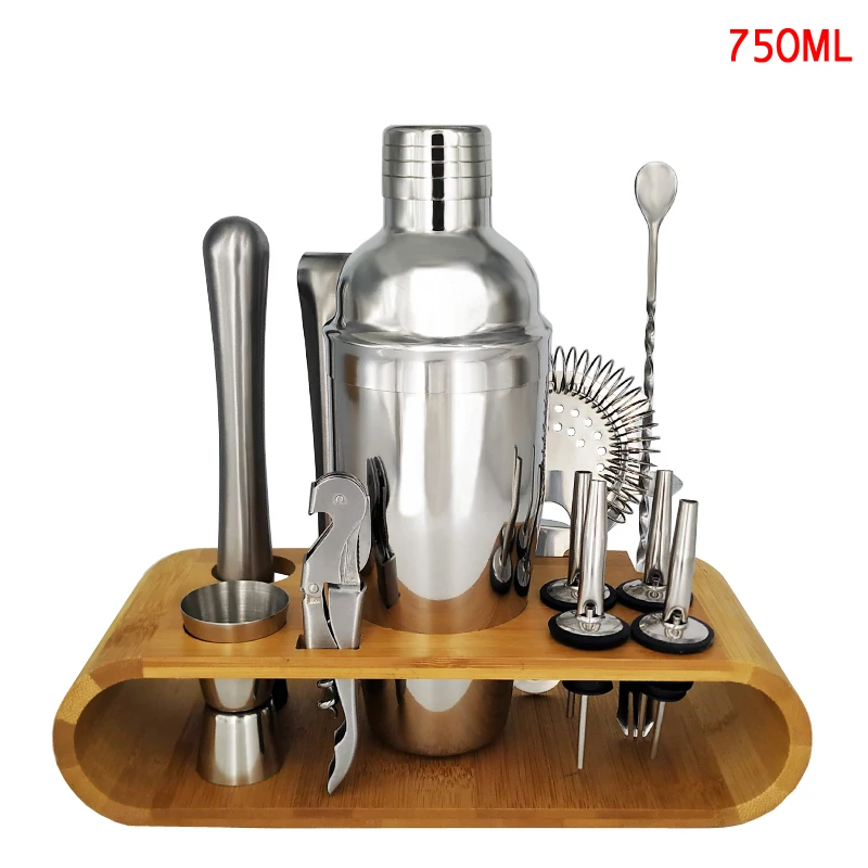 12Pcs 750ml Нержавеющая сталь шейкер бар набор вина Миксер для напитков шейкер Бостонского стиля вечерние Бар инструмент с бамбуковой подставкой - Цвет: 12Pcs 750ml