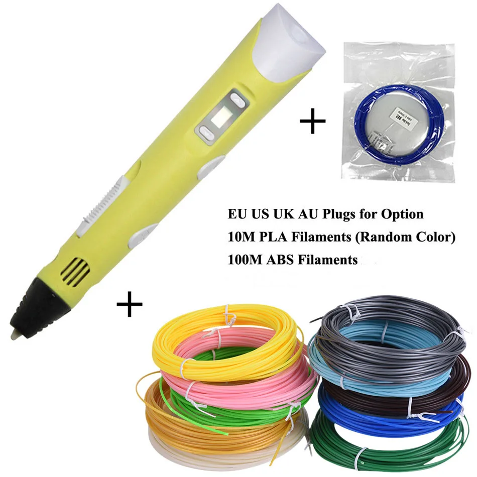 ABS/PLA DIY 3D ручка для печати светодиодный/ЖК-экран 3D Ручка для рисования+ 100 м нить креативная игрушка подарок для детей дизайн рисунок - Цвет: yellow and 110m