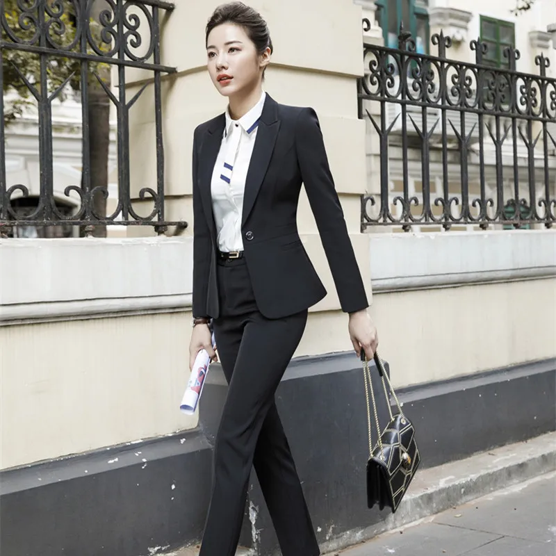 IZICFLY New Style Autumn Spring Business Ladies Uniform Pant Suits For Women Office Blazer Sets 2 Pieces With Trouser