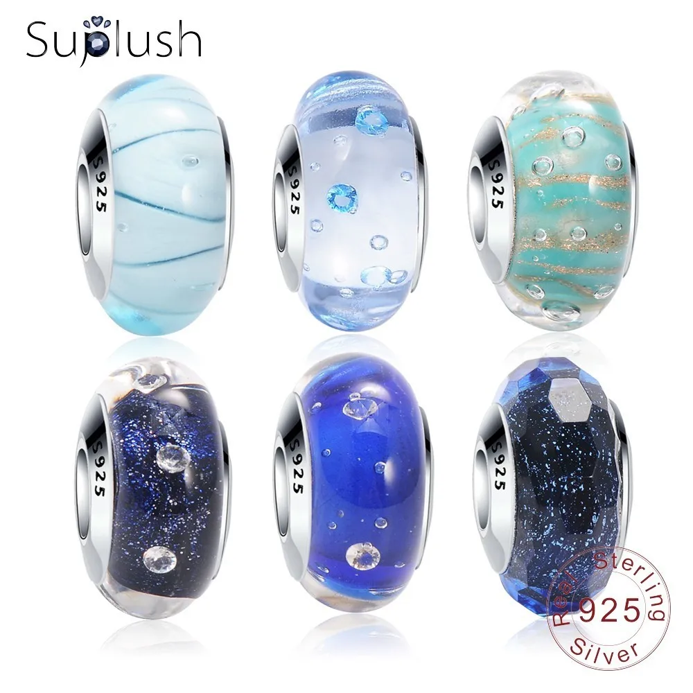 Suplush 925 Sterling Silver Blue Effervescence Murano Glass Bead Fit Original Pandora Charm Bracelets DIY Jewelry Accessories | Украшения и