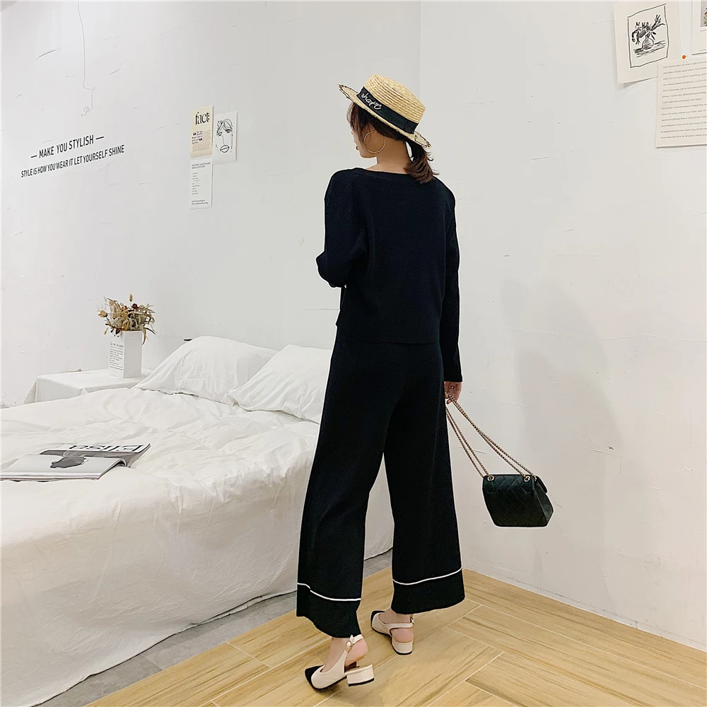 ALPHALMODA куртка с v-образным вырезом+ широкие брюки весенняя мода 2 шт. вязаный костюм женский удобный свитер кардиган брюки комплект