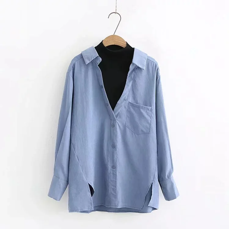 Womens Tops and Blouses 2019 Autumn Fashion New Casual Fake Two Pieces Shirts Ladies Tops With Pockets Split Patchwork Shirts