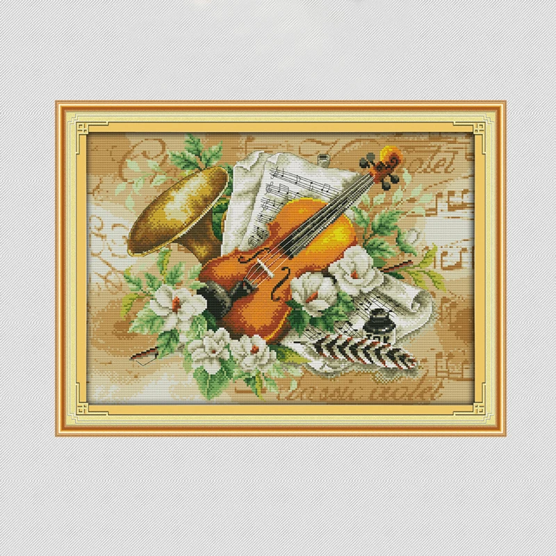NKF цветы и скрипка счетные схемы для вышивки крестом dmc наборы продажа печать узор