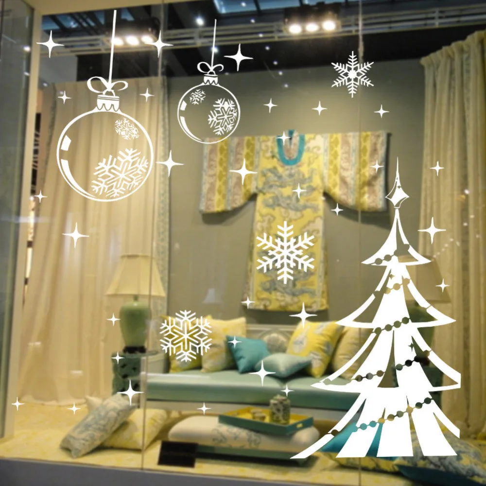 Горячая Счастливого Рождества белые настенные стикеры снежинки дерево