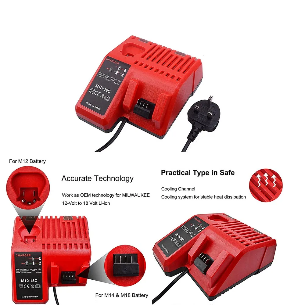 Powstro 12-18 в умное зарядное устройство для Milwaukee M12-18FC 12-18 в литий-ионная мульти напряжение быстрое зарядное устройство Великобритания вилка ABS черная зарядка