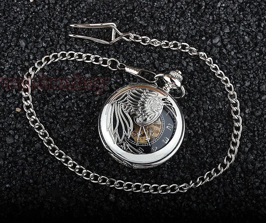 Модное крыло Феникса полый серебряный корпус черный циферблат Скелет