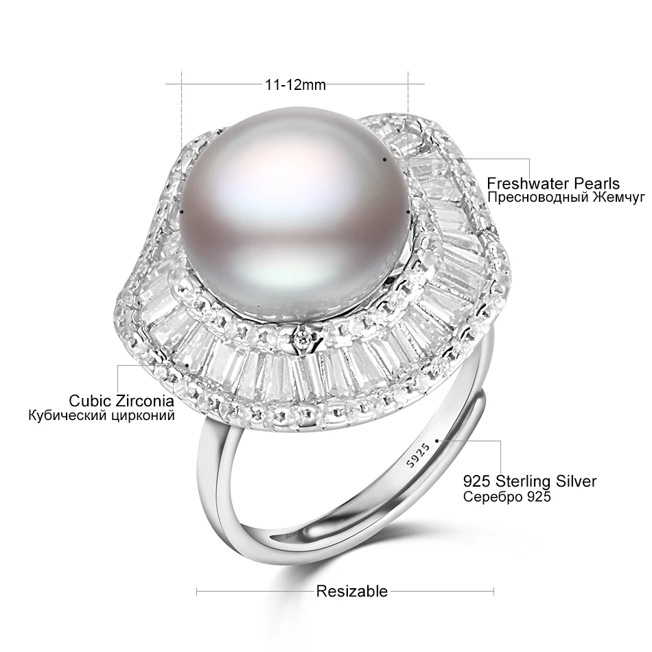 

FEIGE Luxury Pearl Ring Fine Jewelry 925 Sterling Silver Rings for Women 11-12MM Gray Freshwater Pearl Jewelry Ladies Gift