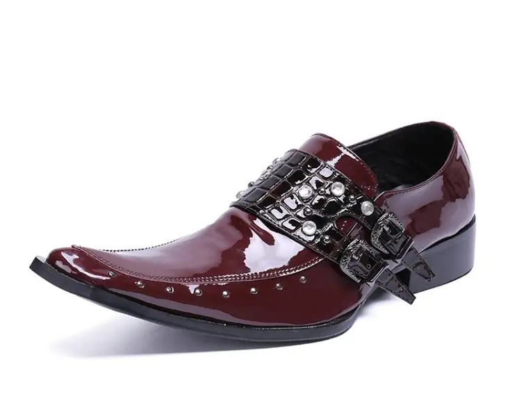 

Men's Dress Shoes slip on buckle rivets square toes genuine patent leather red wedding shoes height increasing smart casual shoe